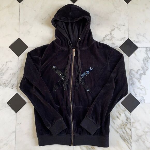 Kardashian Kollection XS Black Velour Hoodie with Black Sequin Detailing - Picture 1 of 7
